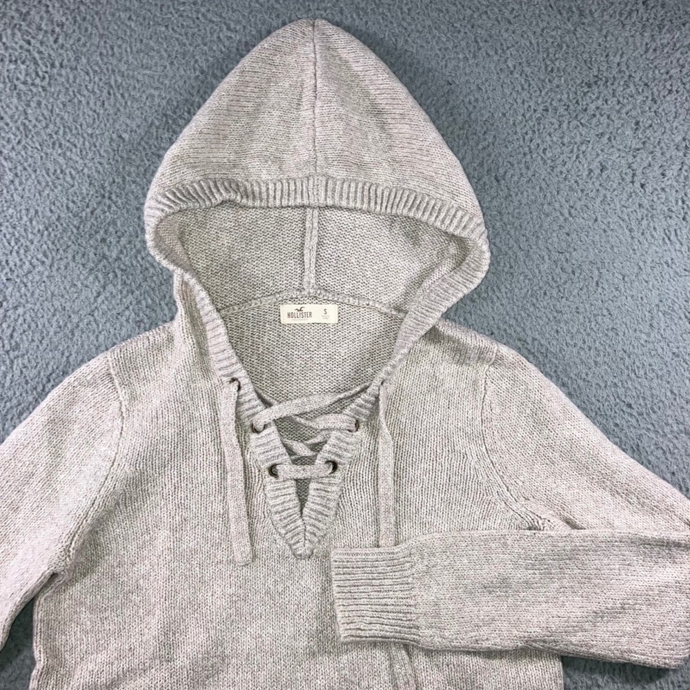 Hollister Baja Hoodie Women S Oatmeal Beige Knit Lace Up Coastal Boho Pullover